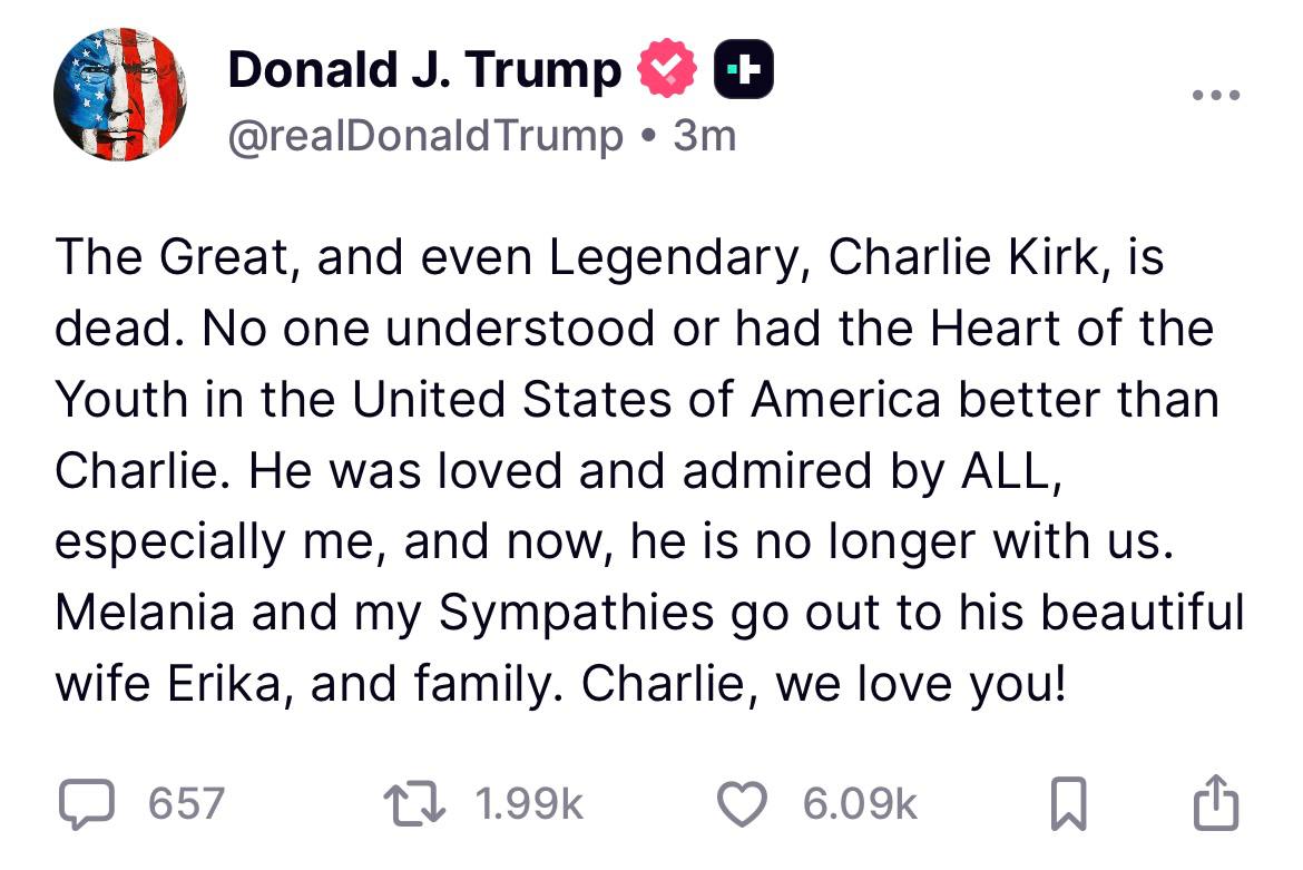 Donald Trump Mourns Death of Conservative Activist Charlie Kirk